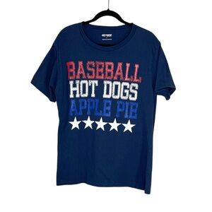 Baseball Hot Dogs Apple Pie 100% Cotton Red White and Blue T-Shirt size Large